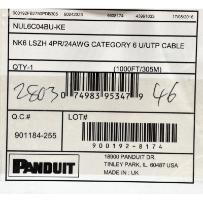 Кабель UTP кат. 6 LSZH синій 305м Panduit NetKey