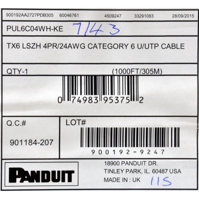 Кабель UTP кат. 6 LSZH білий 305м Panduit
