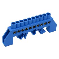 Шина нульова ізольована на DIN-рейку (універсальна) 10 отв., блакитна Шина нульова ізольована на DIN-рейку (універсальна) 10 отв., блакитна